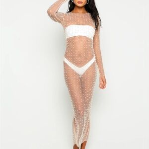 Beach Bunny Sheer Pearl-Embellished Long Sleeve Maxi Dress Cover Up